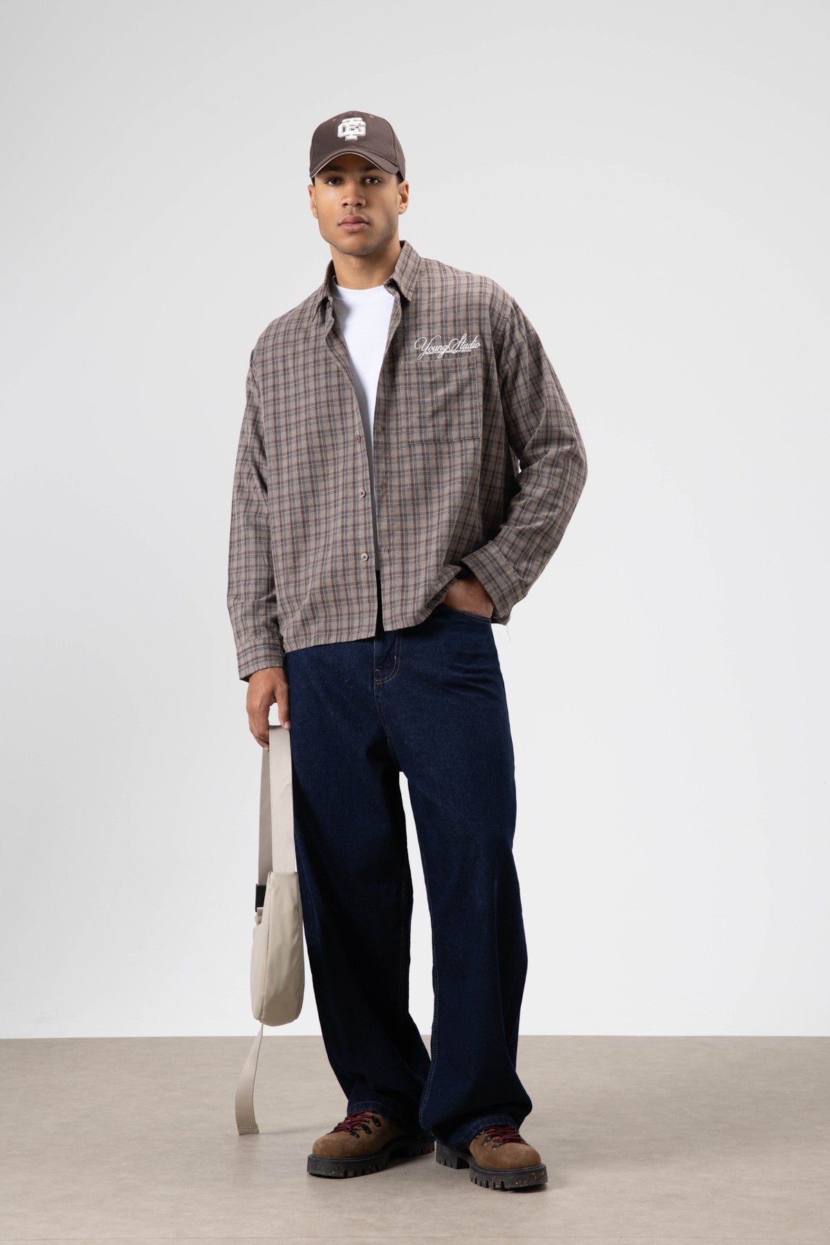 Oversized Checkered Long-Sleeve Shirt with Back Print