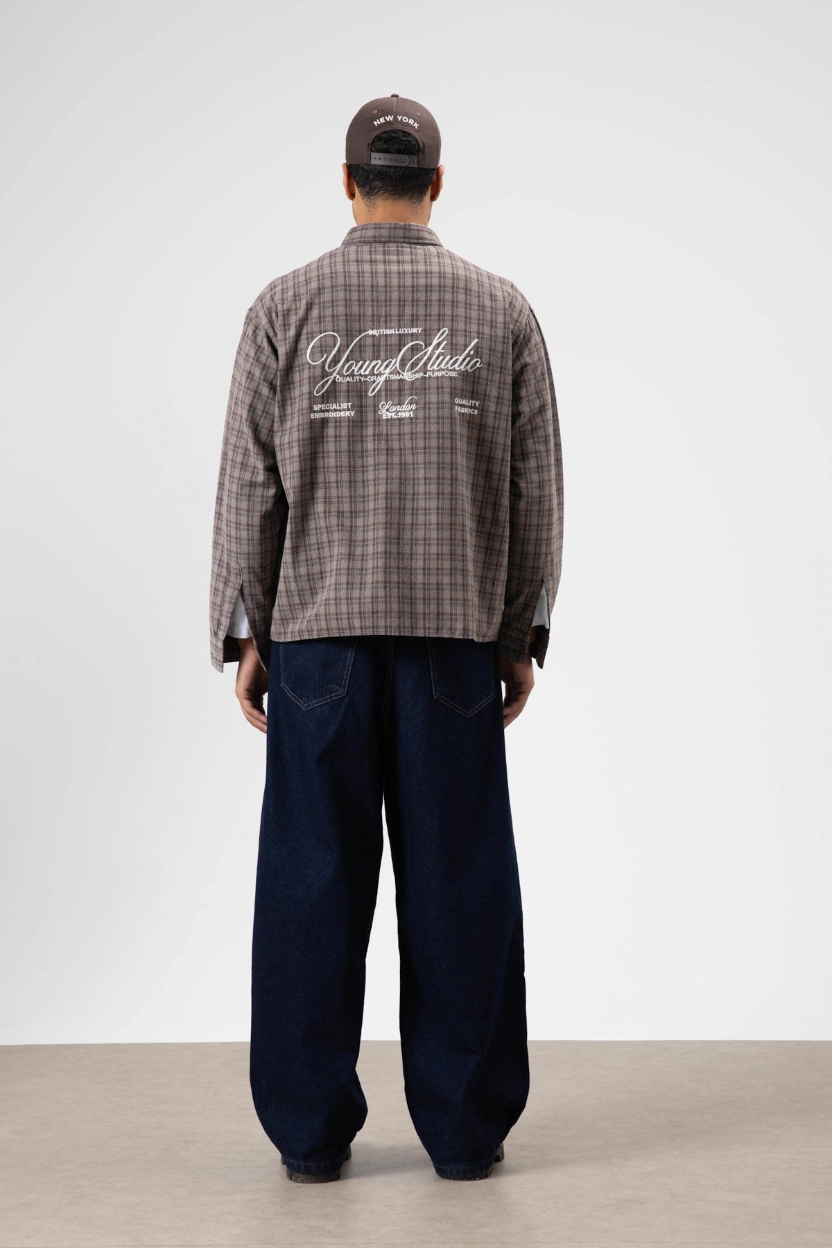 Oversized Checkered Long-Sleeve Shirt with Back Print