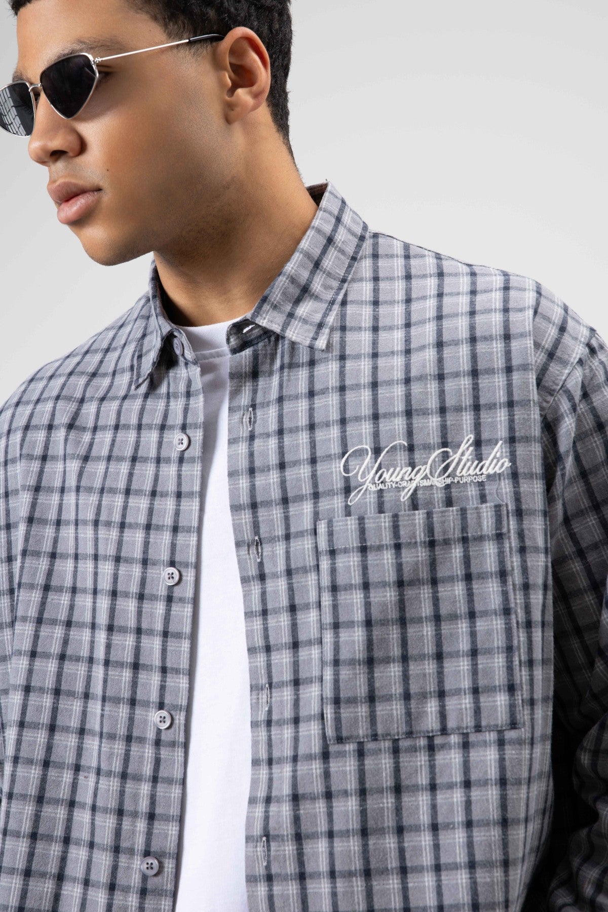 Oversized Checkered Long-Sleeve Shirt with Back Print