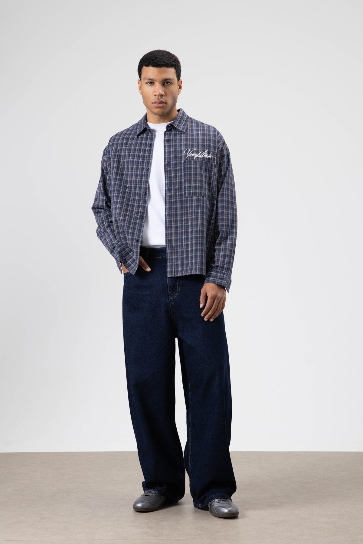 Oversized Checkered Long-Sleeve Shirt with Back Print