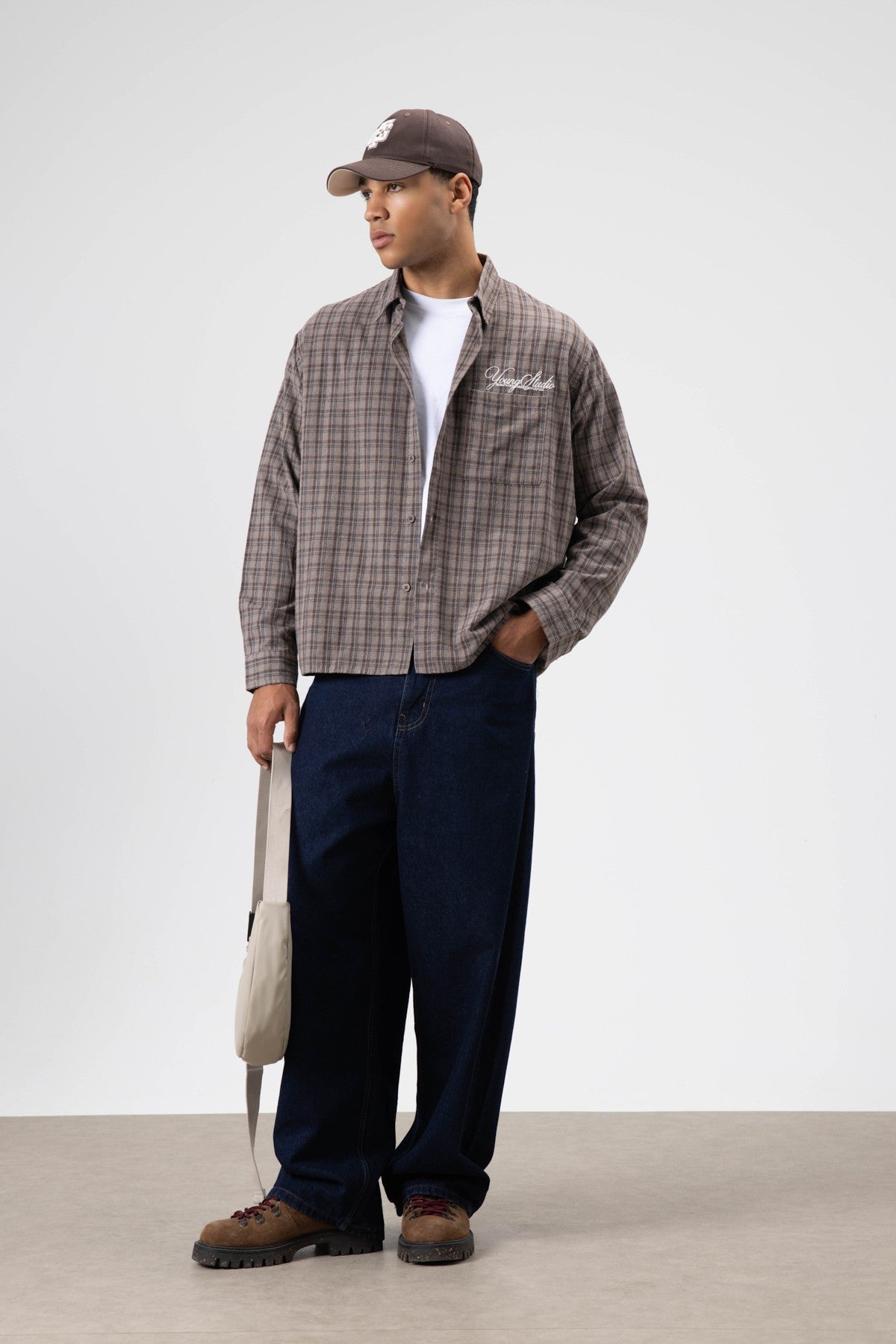 Oversized Checkered Long-Sleeve Shirt with Back Print