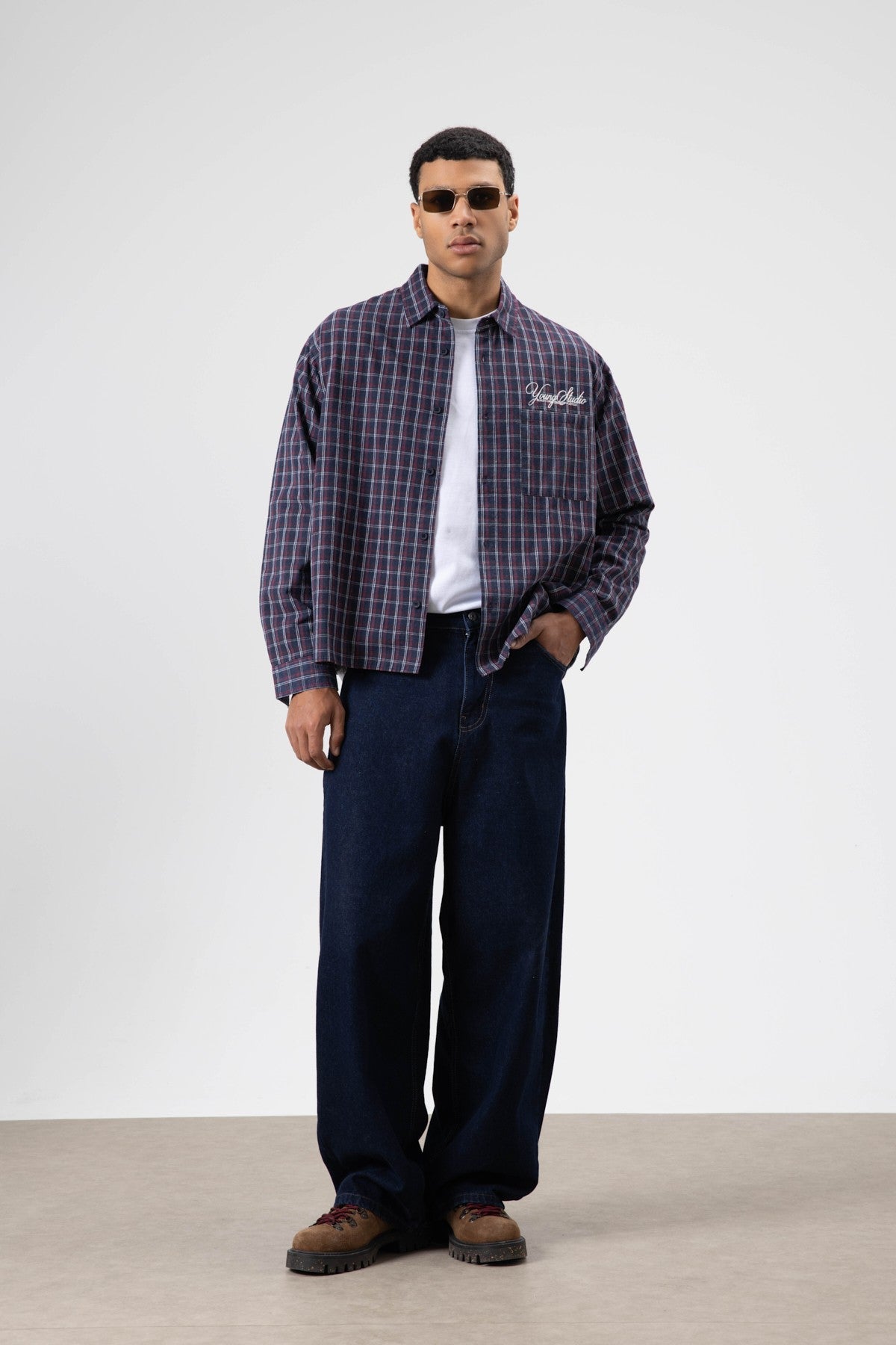 Oversized Checkered Long-Sleeve Shirt with Back Print