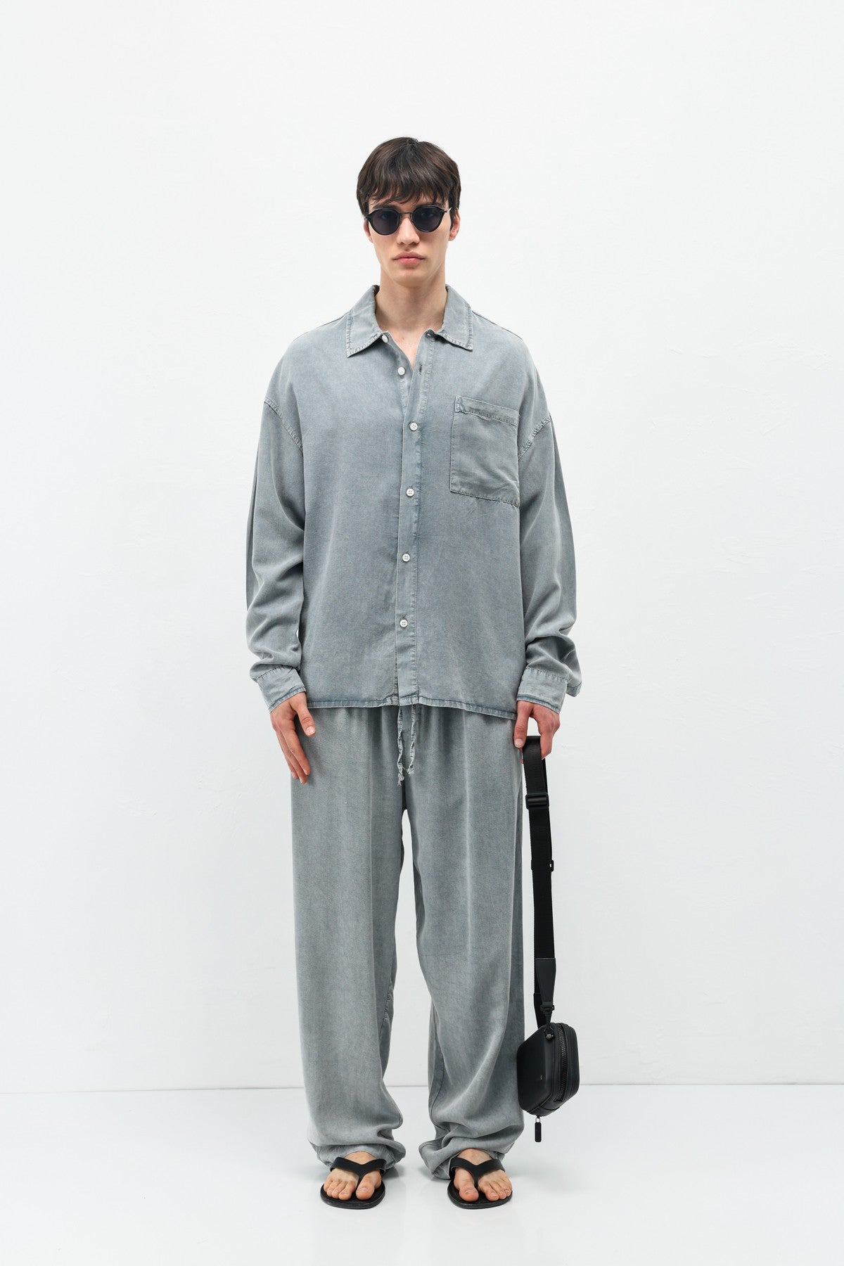 Oversized Shirt with Washed Finish and Pocket Details
