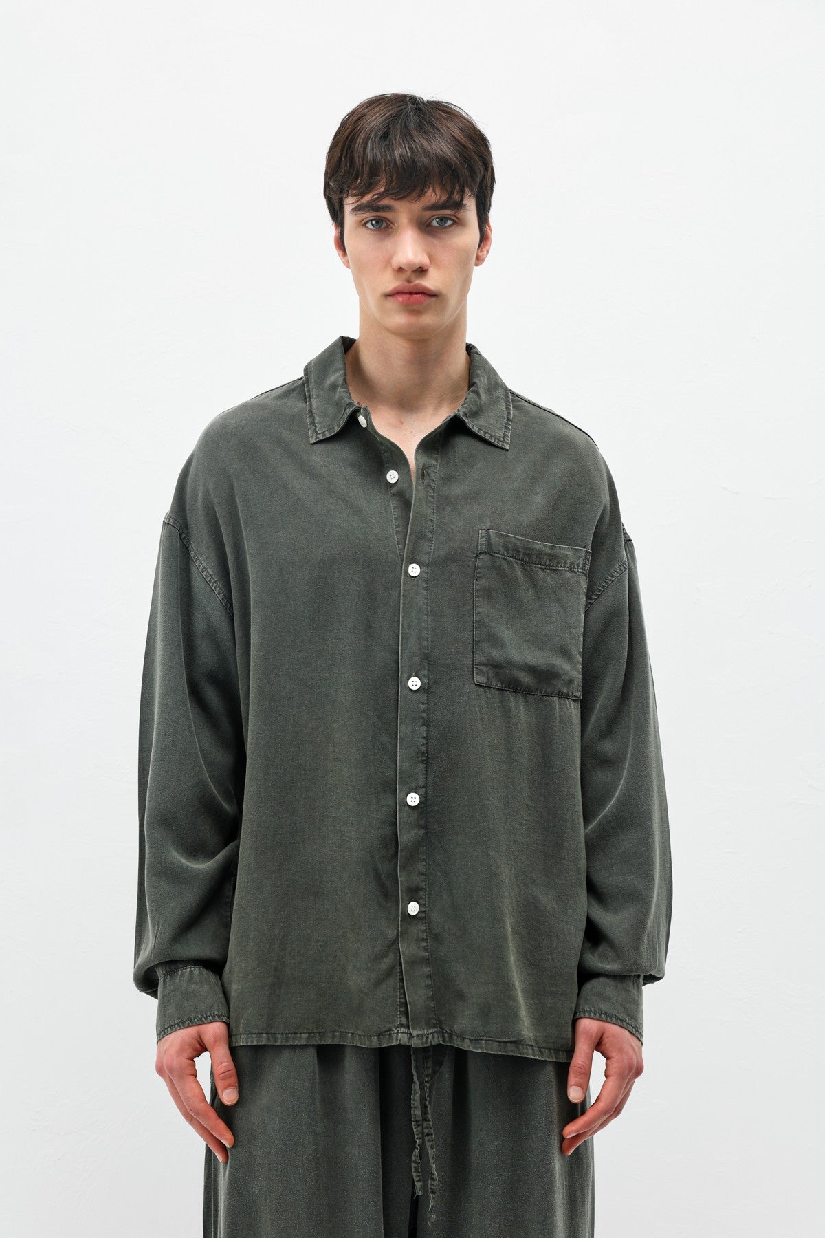 Oversized Shirt with Washed Finish and Pocket Details