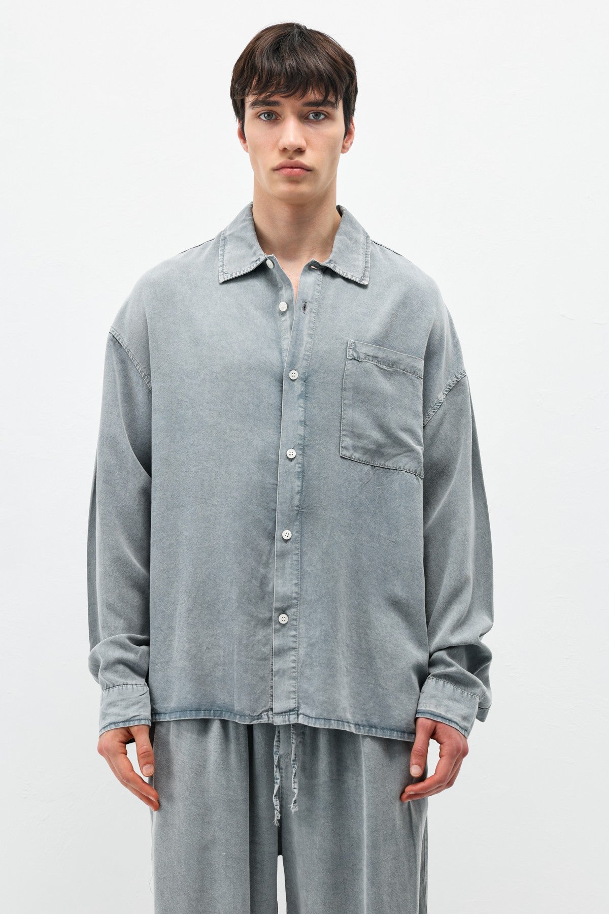 Oversized Shirt with Washed Finish and Pocket Details