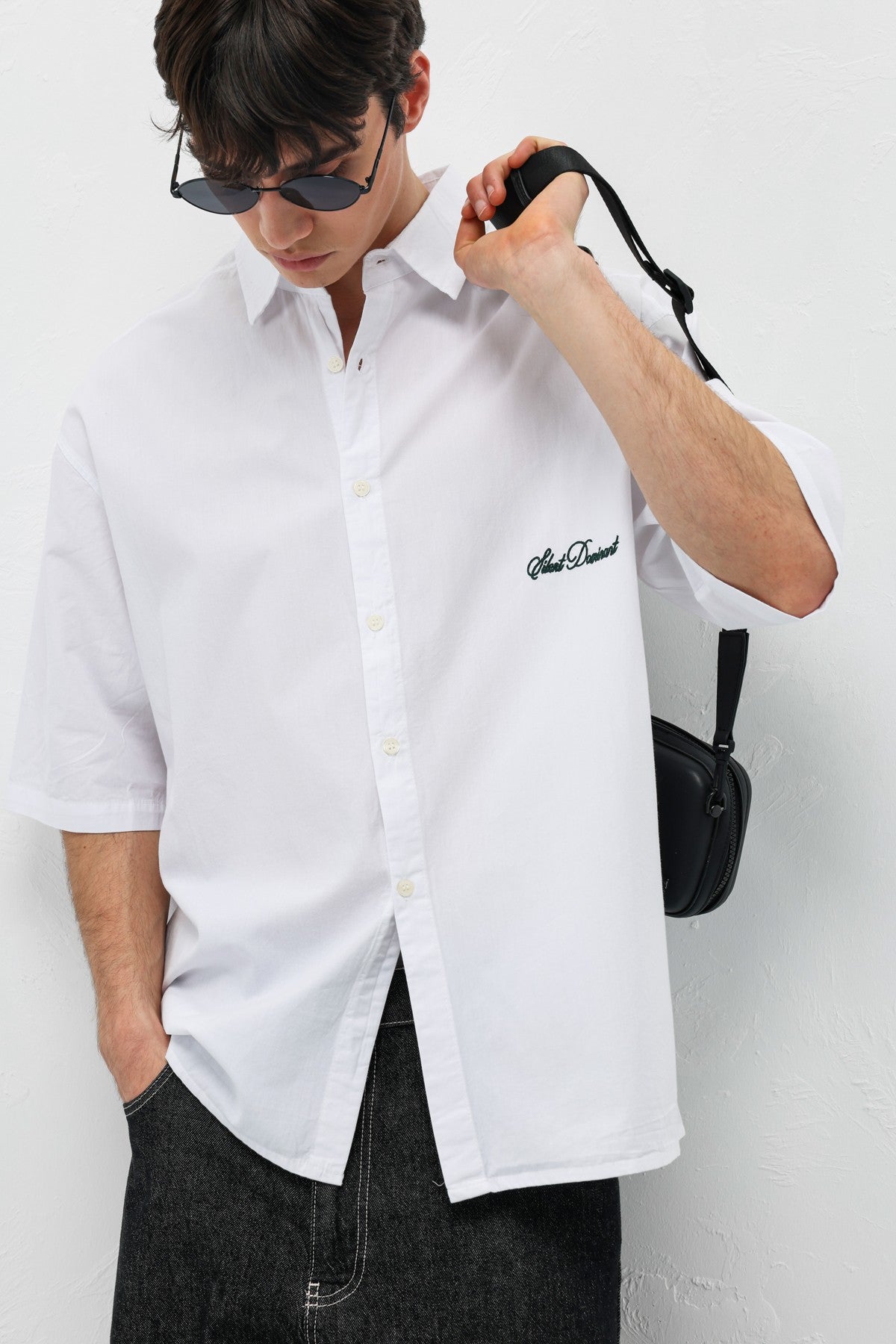 Oversized Short-Sleeve Shirt with Printed Text