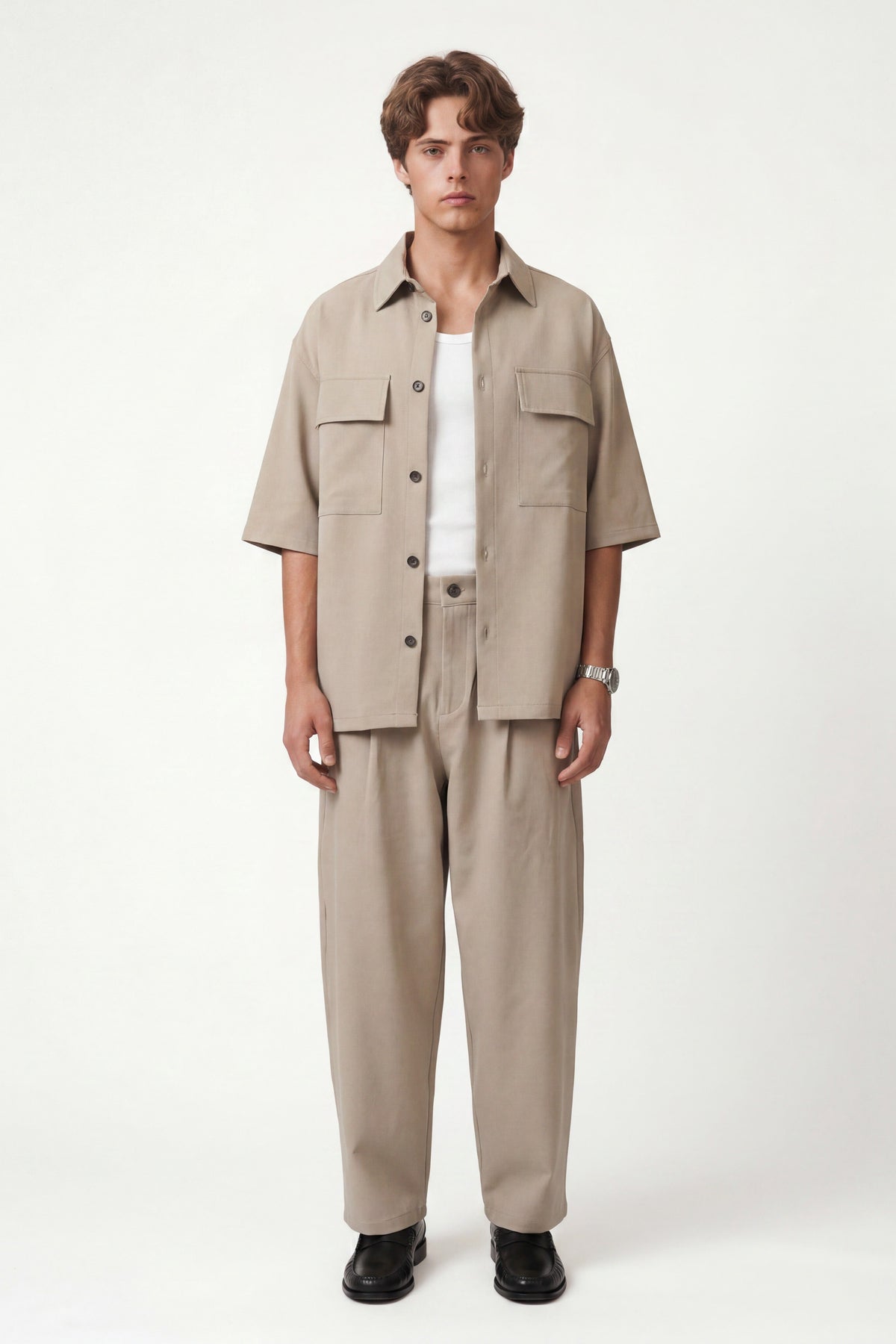 Oversized Stretch-Fabric Shirt with Pockets