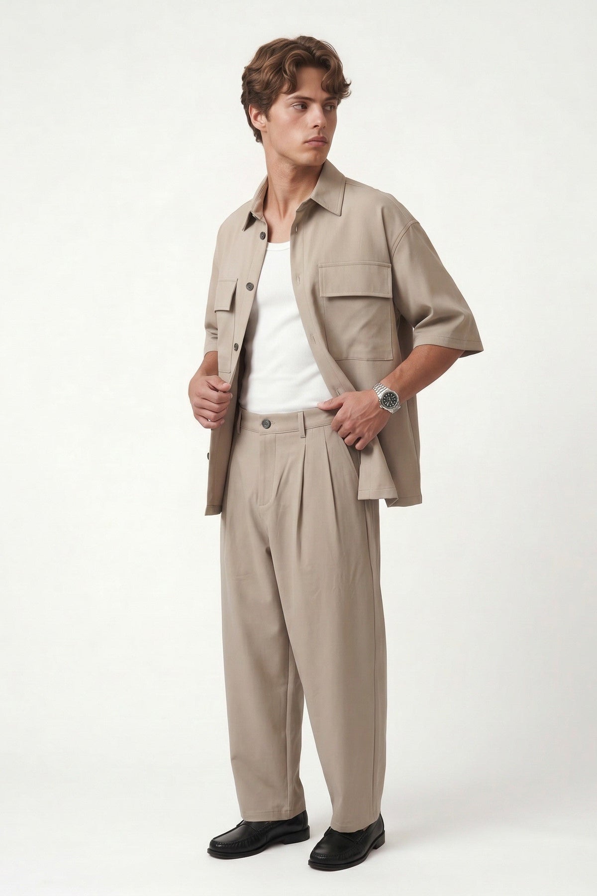 Oversized Stretch-Fabric Shirt with Pockets