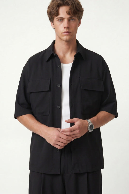 Oversized Stretch-Fabric Shirt with Pockets