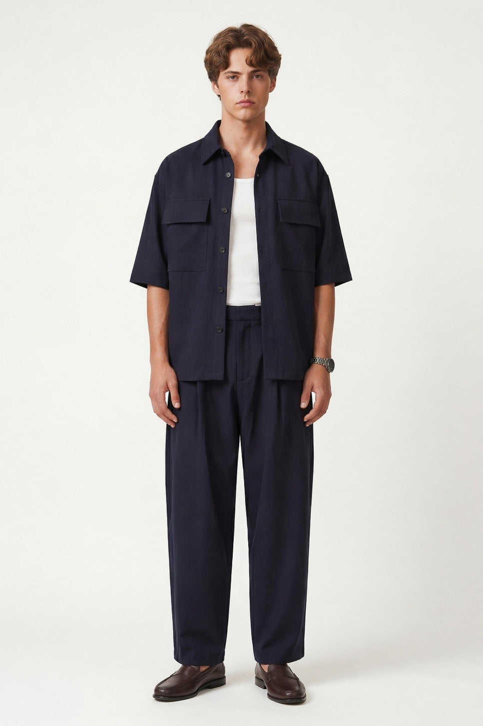 Oversized Stretch-Fabric Shirt with Pockets