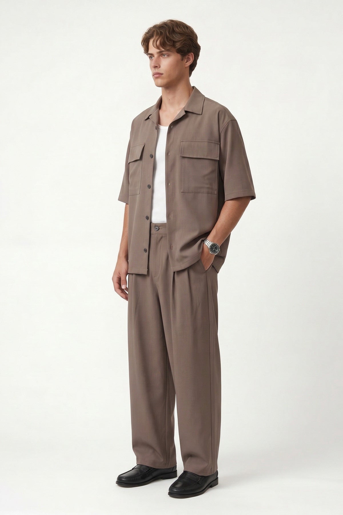 Oversized Stretch-Fabric Shirt with Pockets
