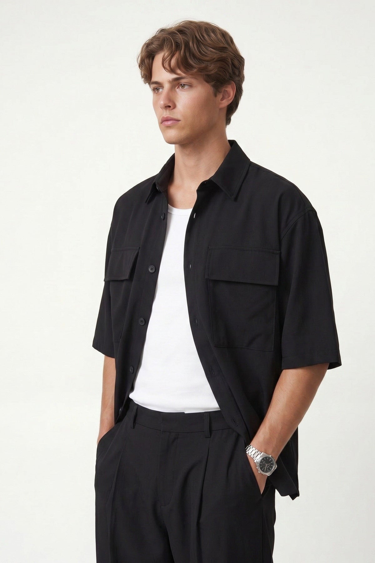 Oversized Stretch-Fabric Shirt with Pockets