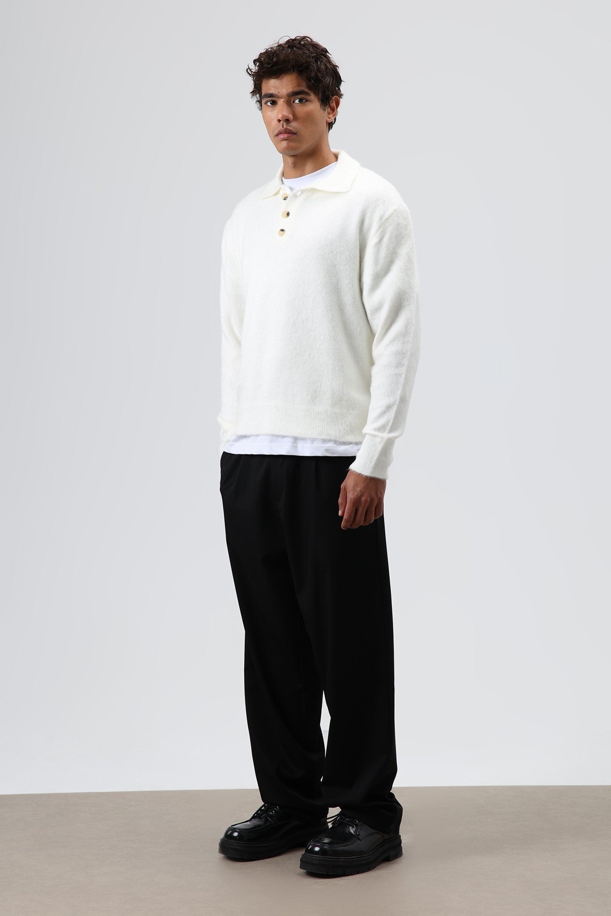Polo Neck Soft-Textured Knit Sweater