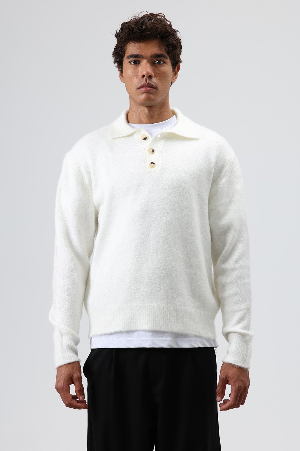 Polo Neck Soft-Textured Knit Sweater