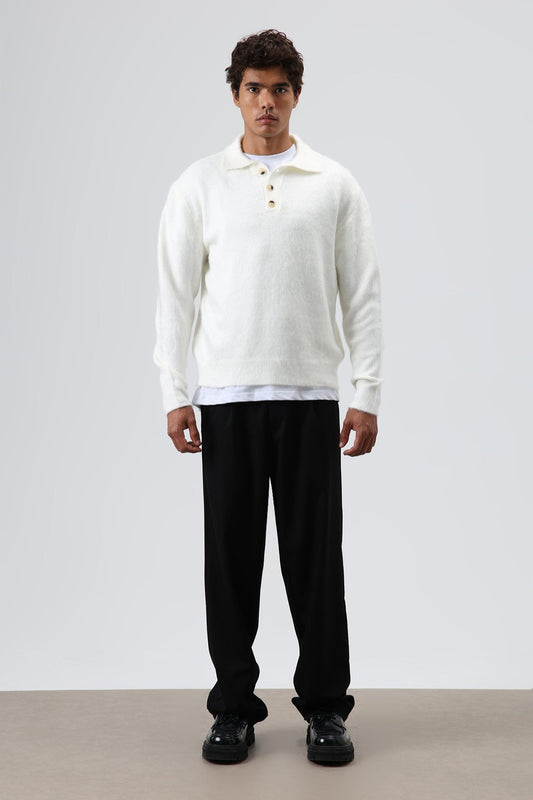 Polo Neck Soft-Textured Knit Sweater