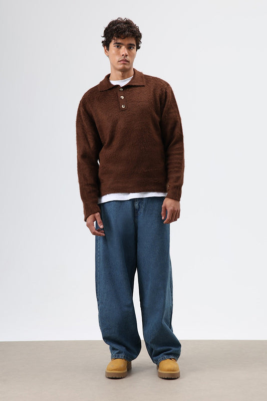 Polo Neck Soft-Textured Knit Sweater