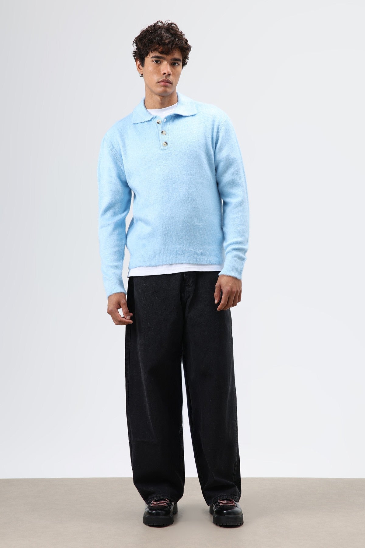 Polo Neck Soft-Textured Knit Sweater