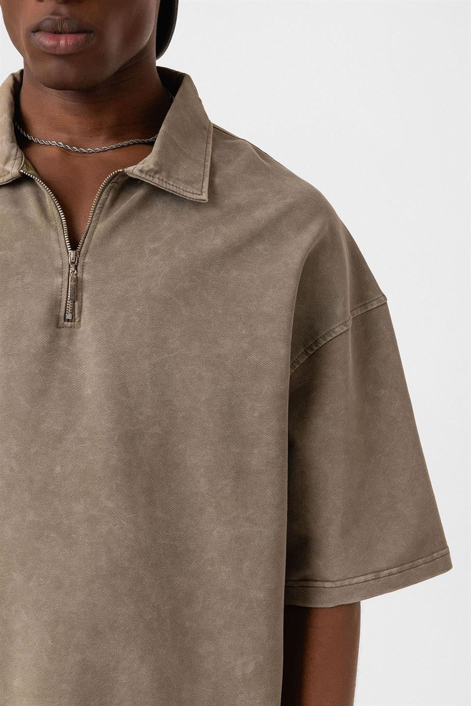 Oversized Washed Polo-Neck T-Shirt