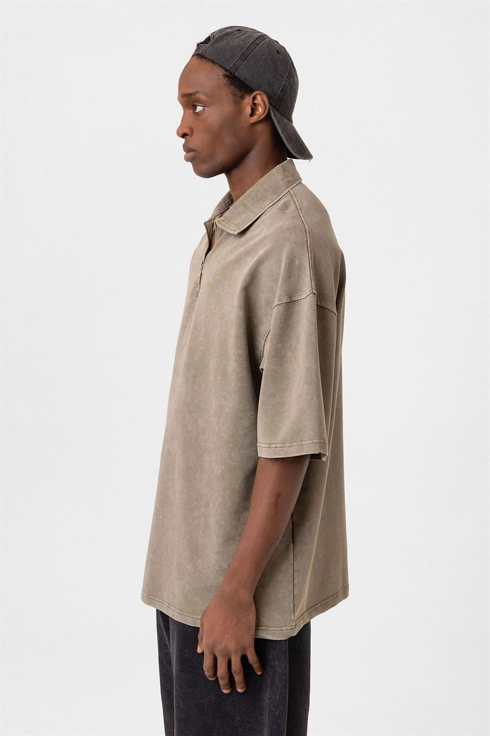 Oversized Washed Polo-Neck T-Shirt