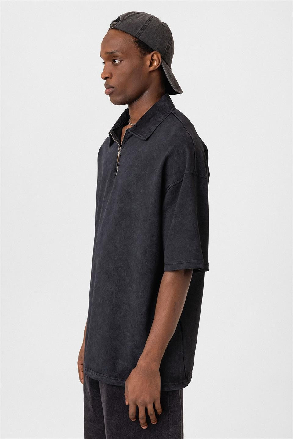 Oversized Washed Polo-Neck T-Shirt