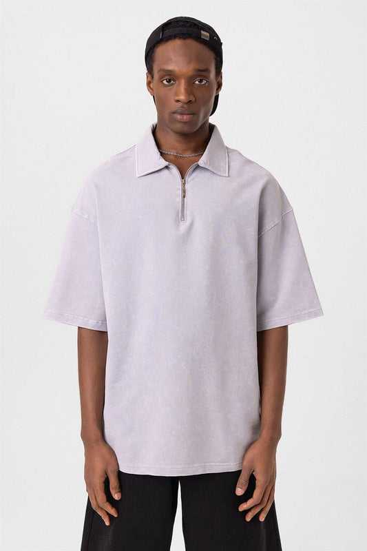 Oversized Washed Polo-Neck T-Shirt