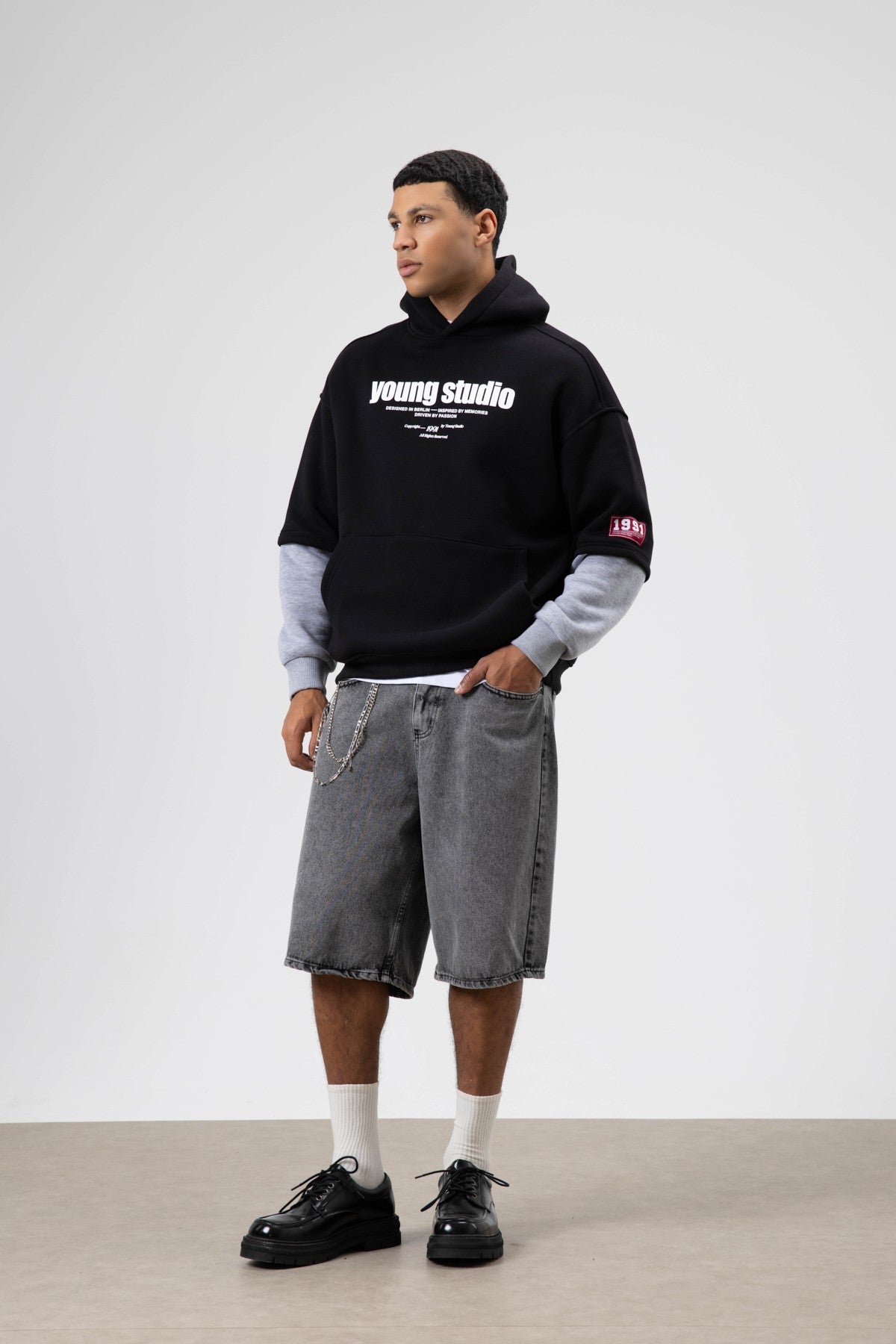 Oversized Printed Hooded Sweatshirt, Black