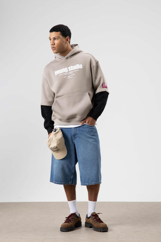 Oversized Printed Hooded Sweatshirt in Light Mink