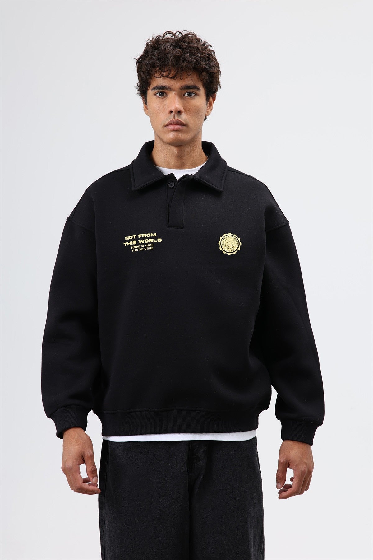 Oversized Printed Washed Sweatshirt with Polo Collar