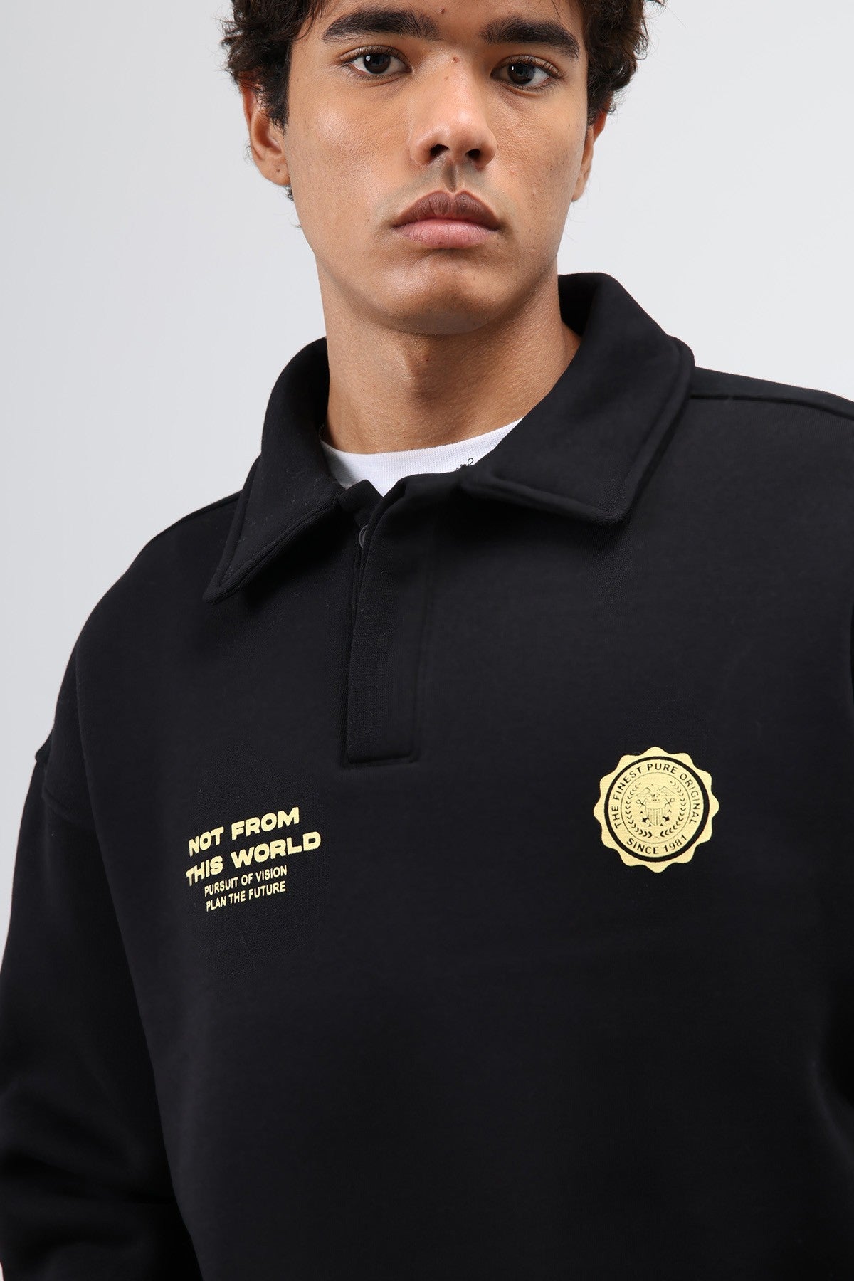 Oversized Printed Washed Sweatshirt with Polo Collar