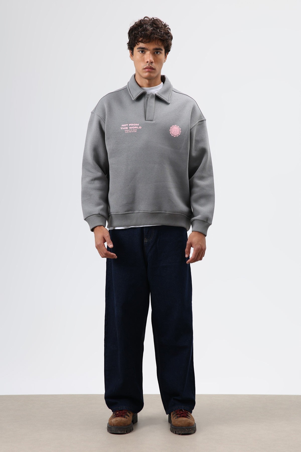 Oversized Printed Washed Sweatshirt with Polo Collar