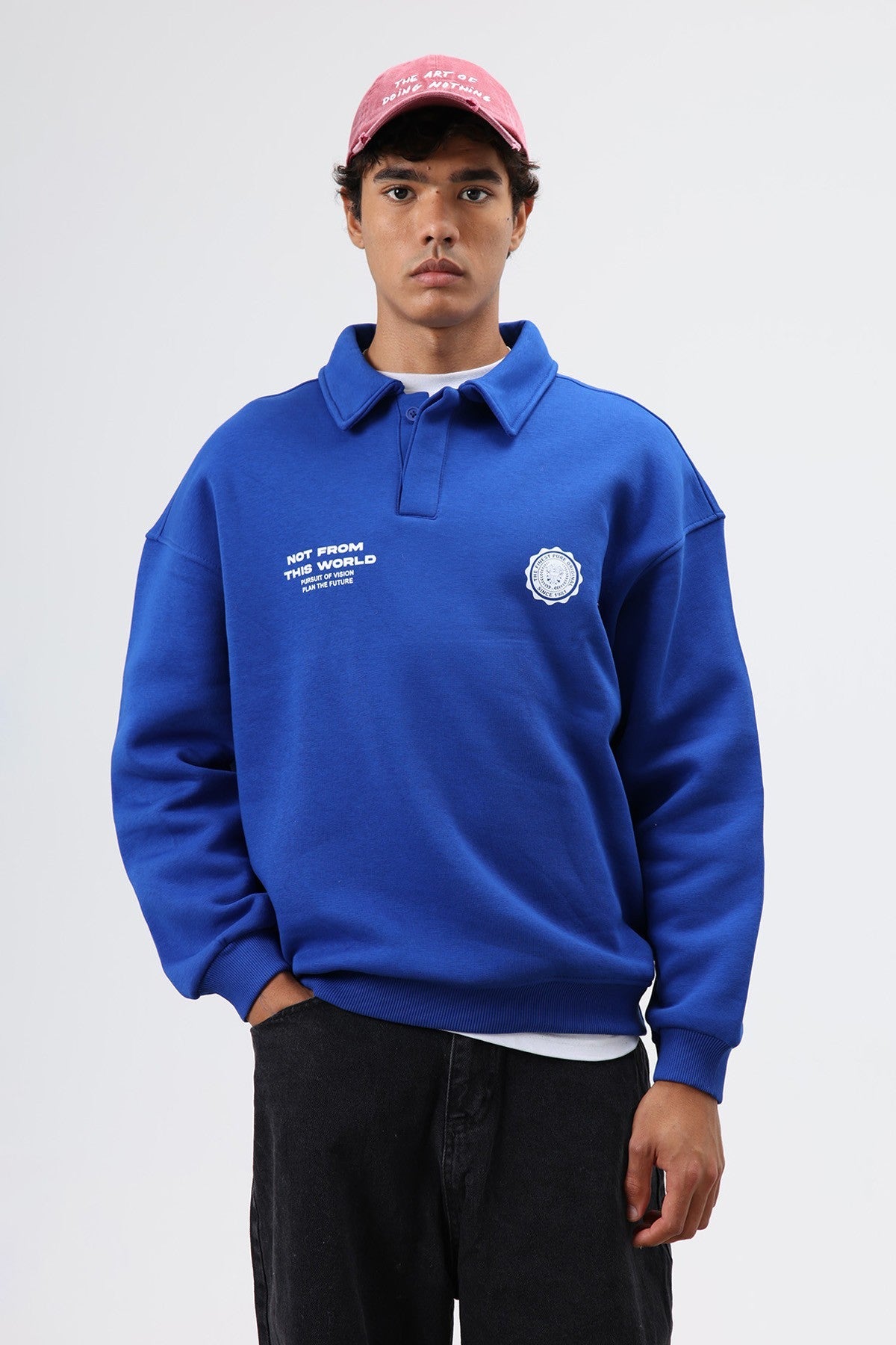 Oversized Printed Washed Sweatshirt with Polo Collar