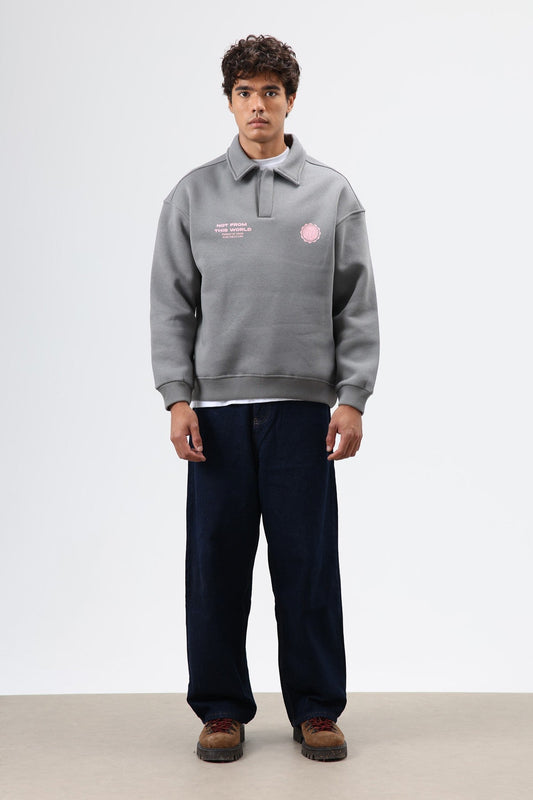 Oversized Printed Washed Sweatshirt with Polo Collar