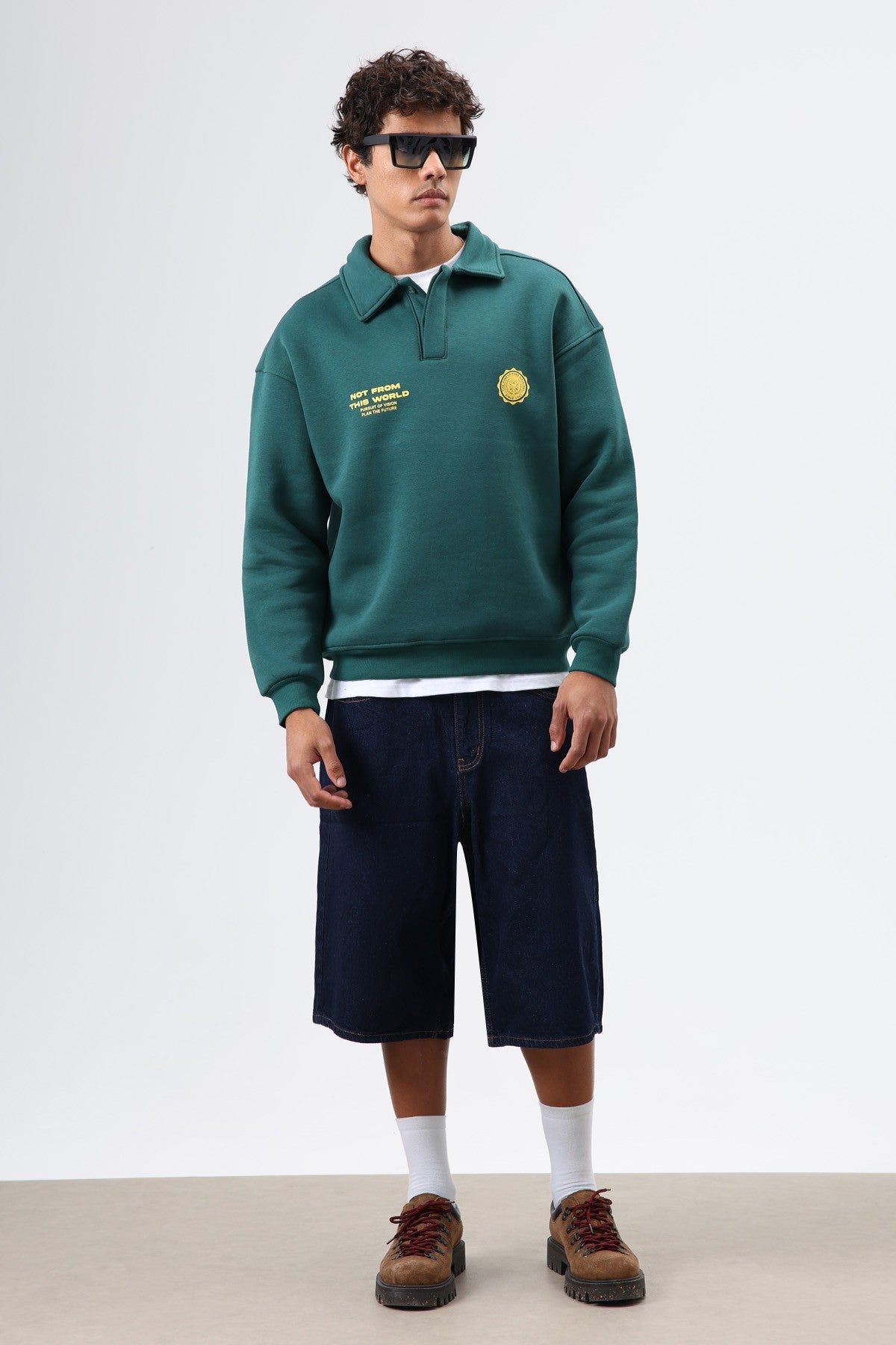 Oversized Printed Washed Sweatshirt with Polo Collar