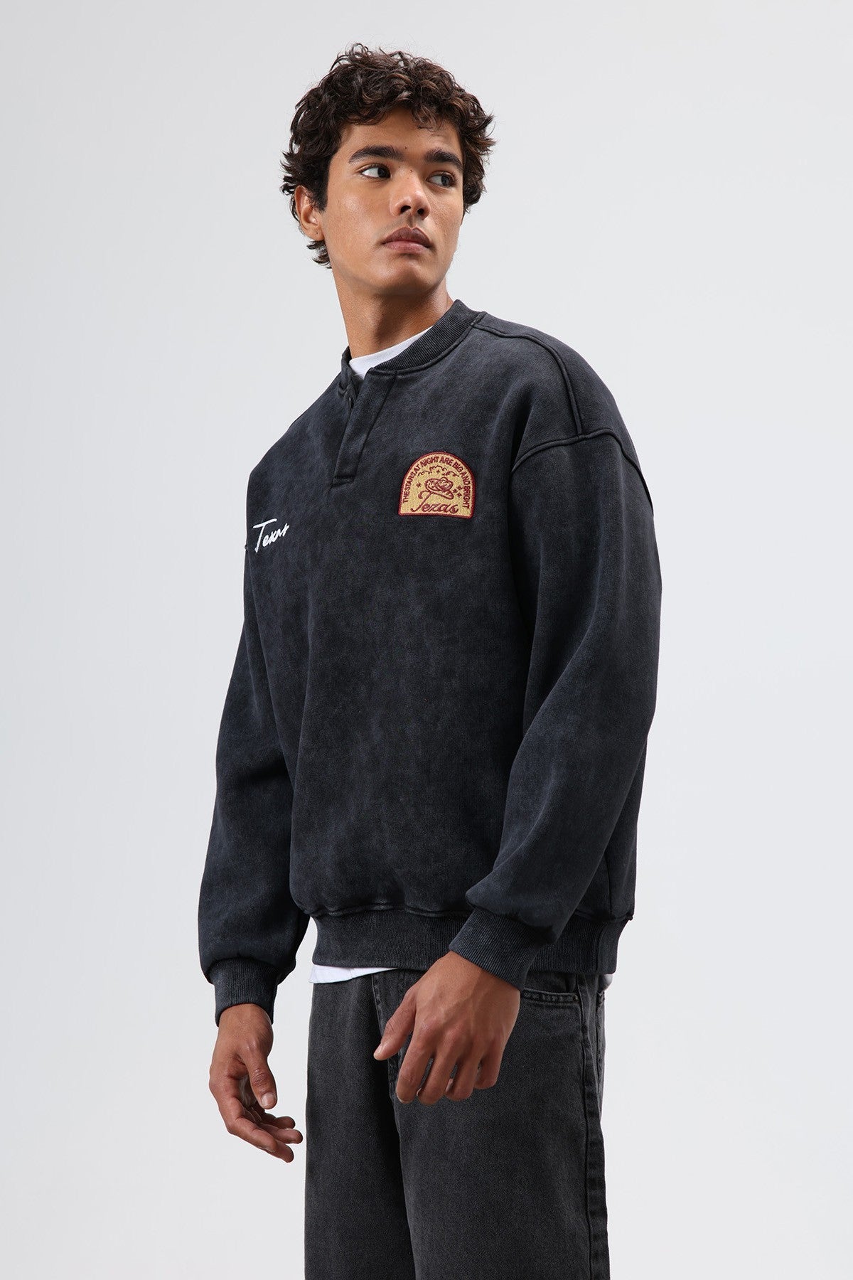 Oversized Henley-Neck Printed Sweatshirt