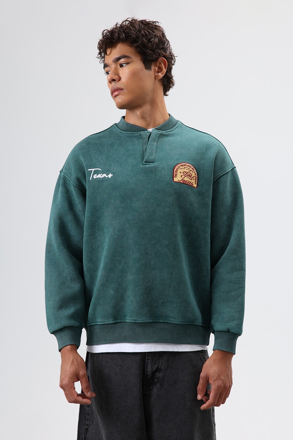 Oversized Henley-Neck Printed Sweatshirt