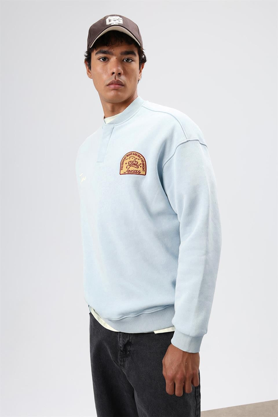 Oversized Henley-Neck Printed Sweatshirt