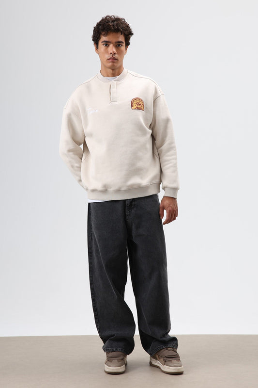 Oversized Henley-Neck Printed Sweatshirt
