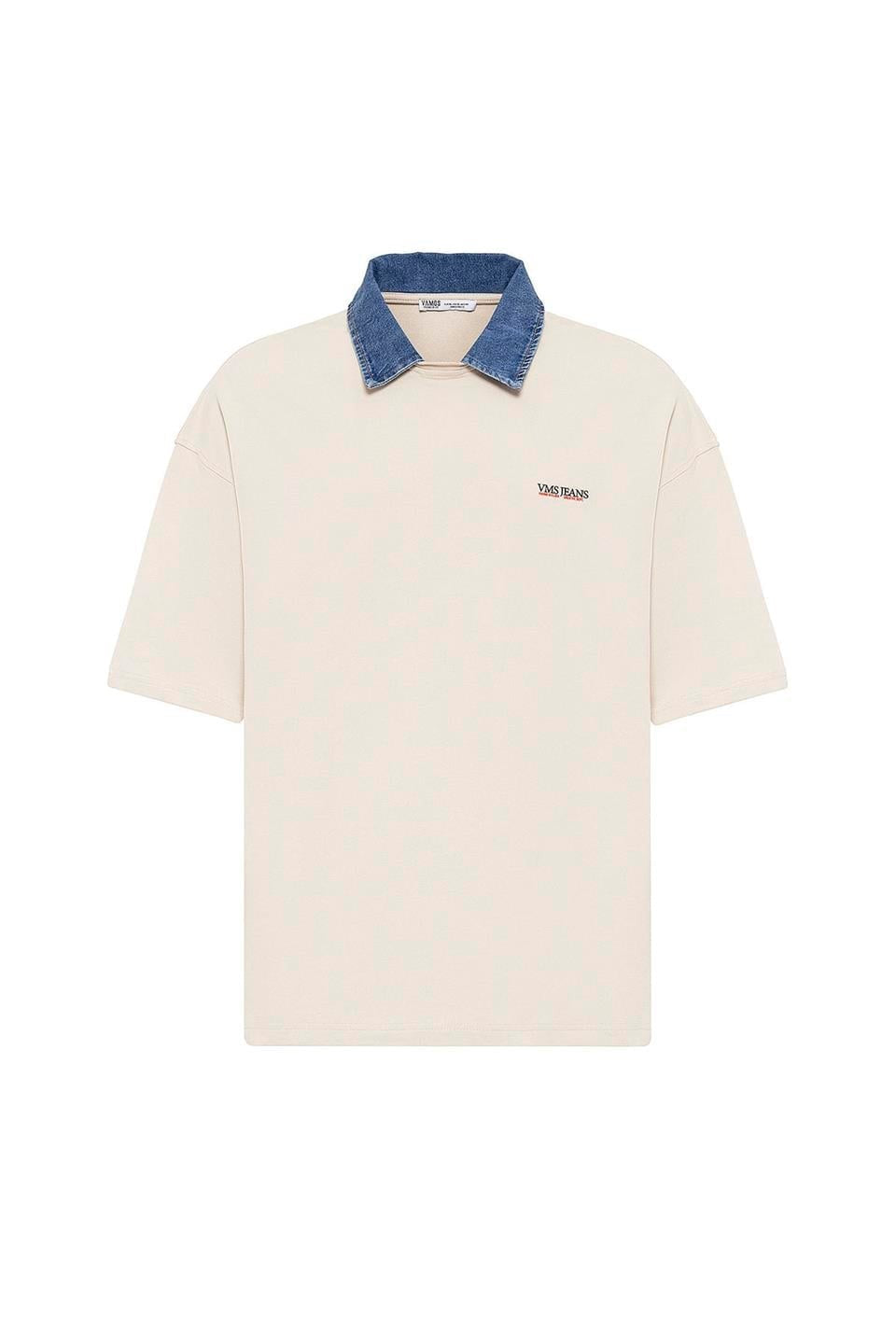 Oversized T-Shirt with Polo Collar and Embroidered Design