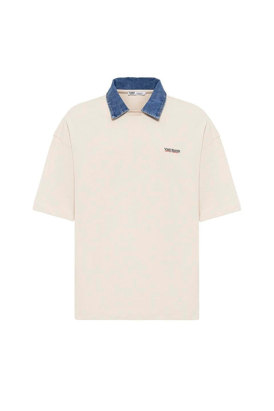 Oversized T-Shirt with Polo Collar and Embroidered Design
