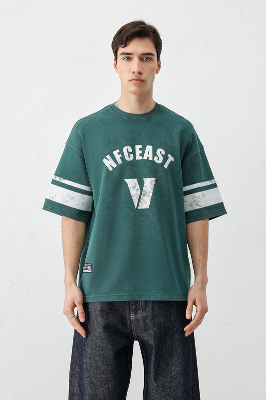 Oversized T-Shirt with V-Print and Sleeve Details