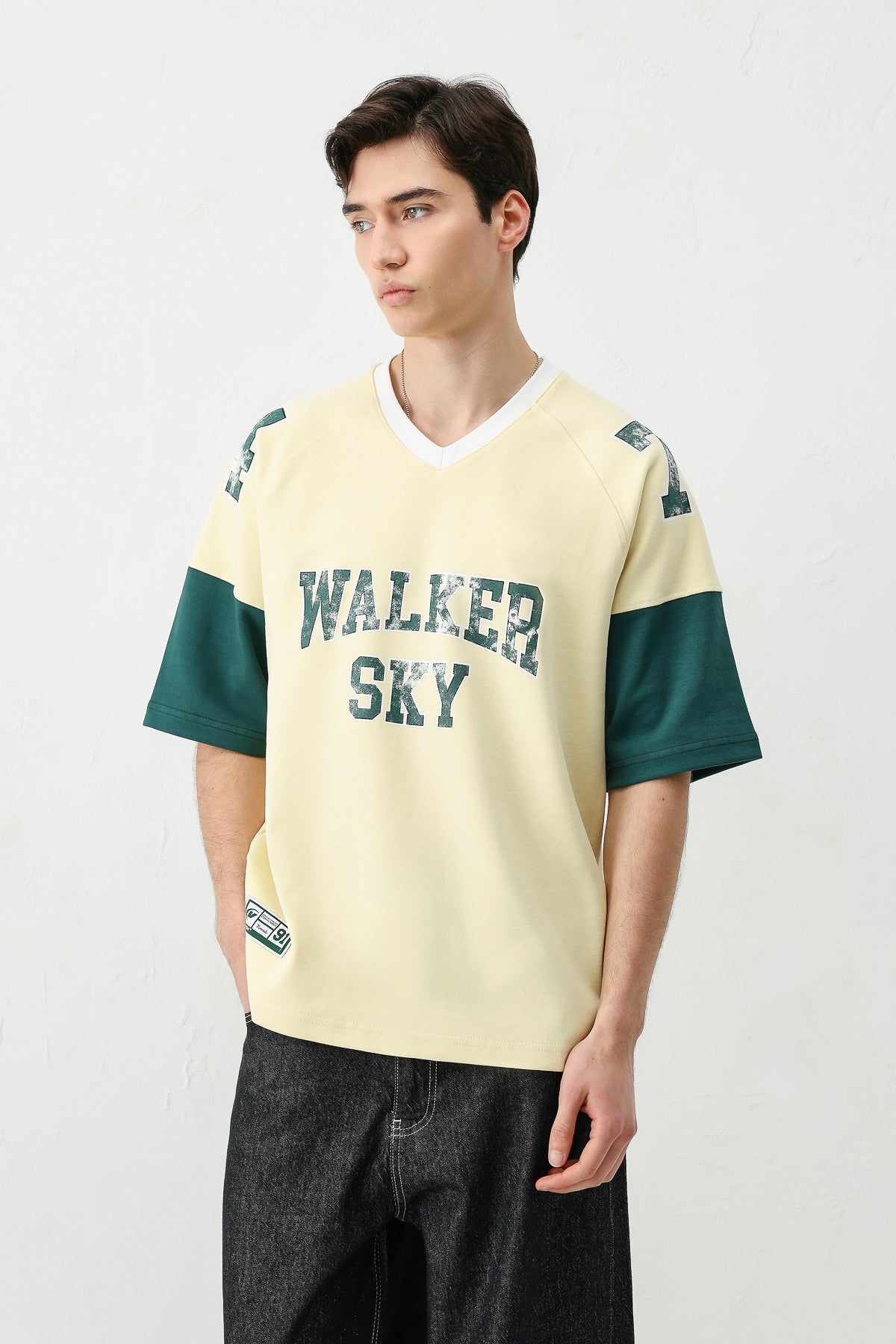 Oversized Ribbed V-Neck Printed T-Shirt