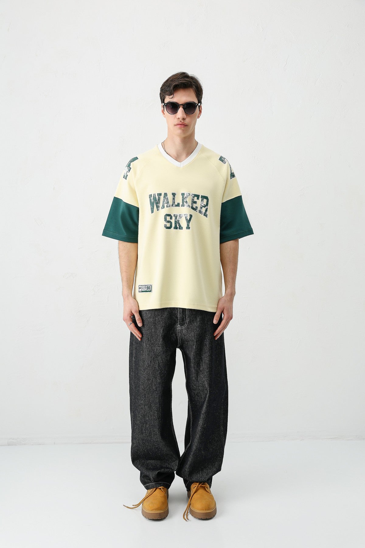 Oversized Ribbed V-Neck Printed T-Shirt