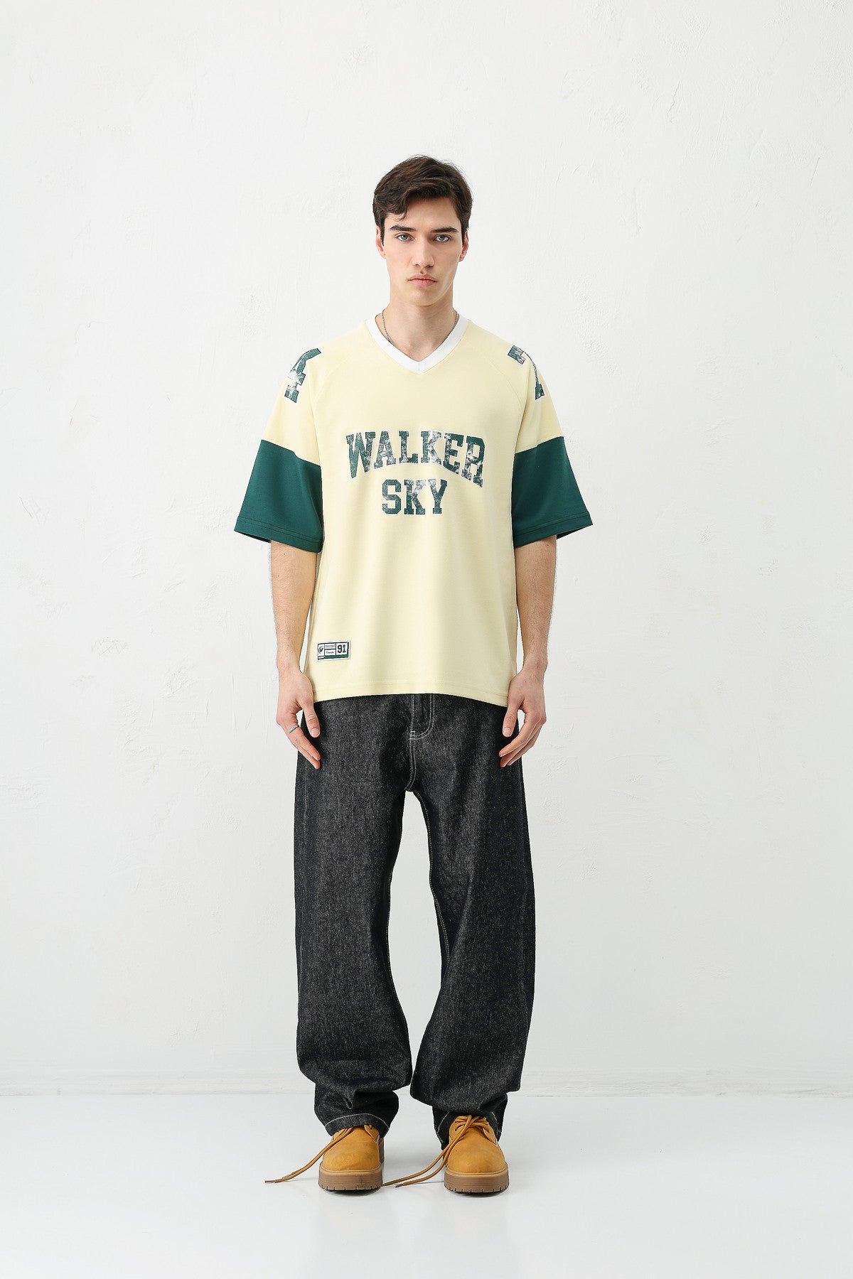Oversized Ribbed V-Neck Printed T-Shirt