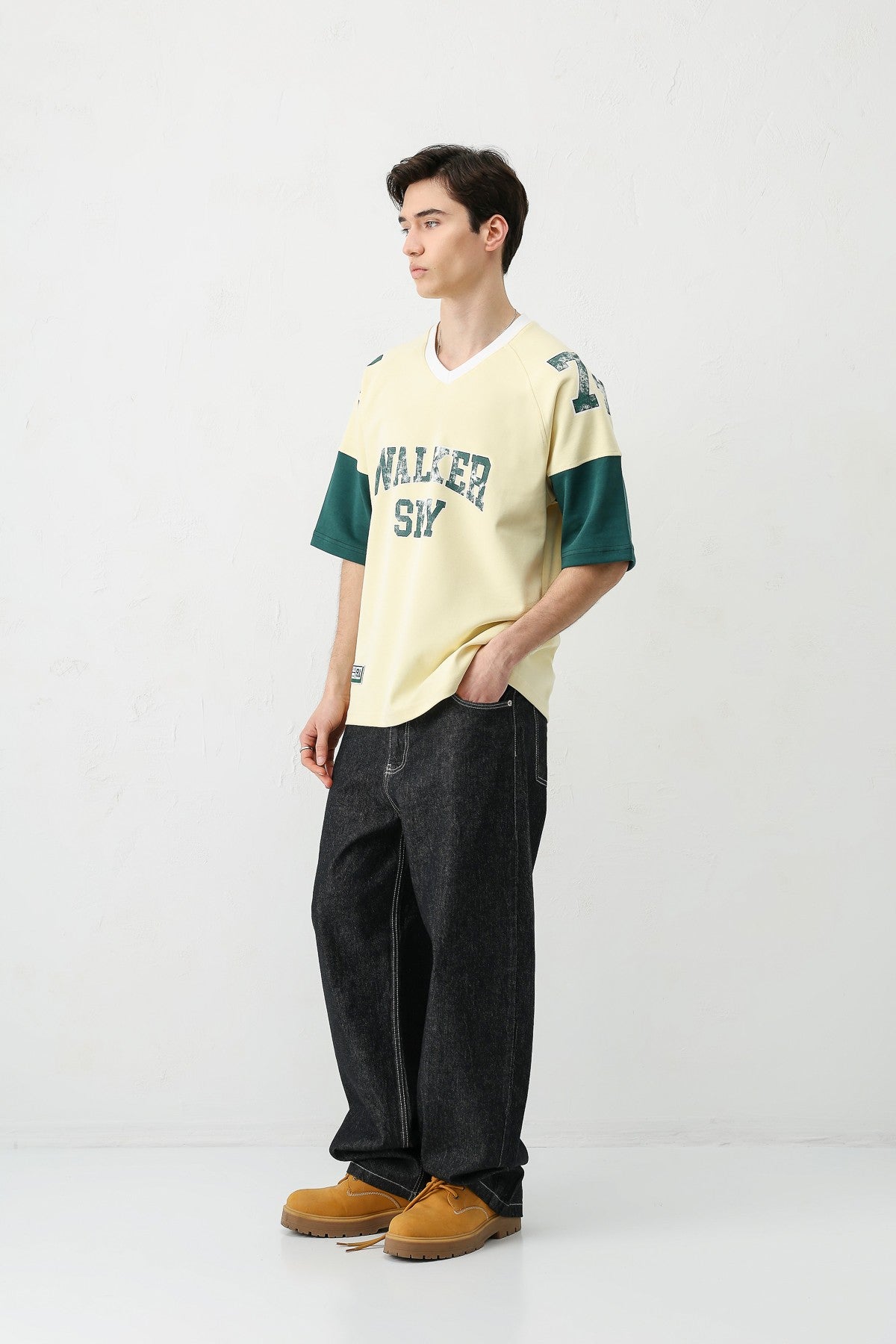 Oversized Ribbed V-Neck Printed T-Shirt