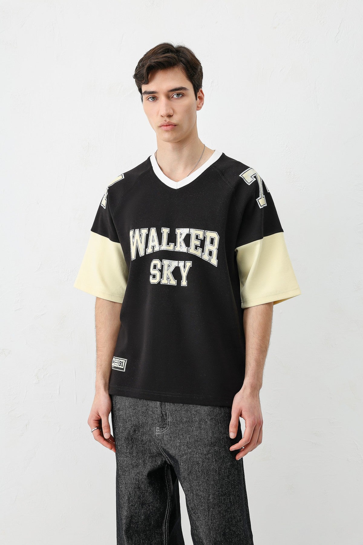 Oversized Ribbed V-Neck Printed T-Shirt