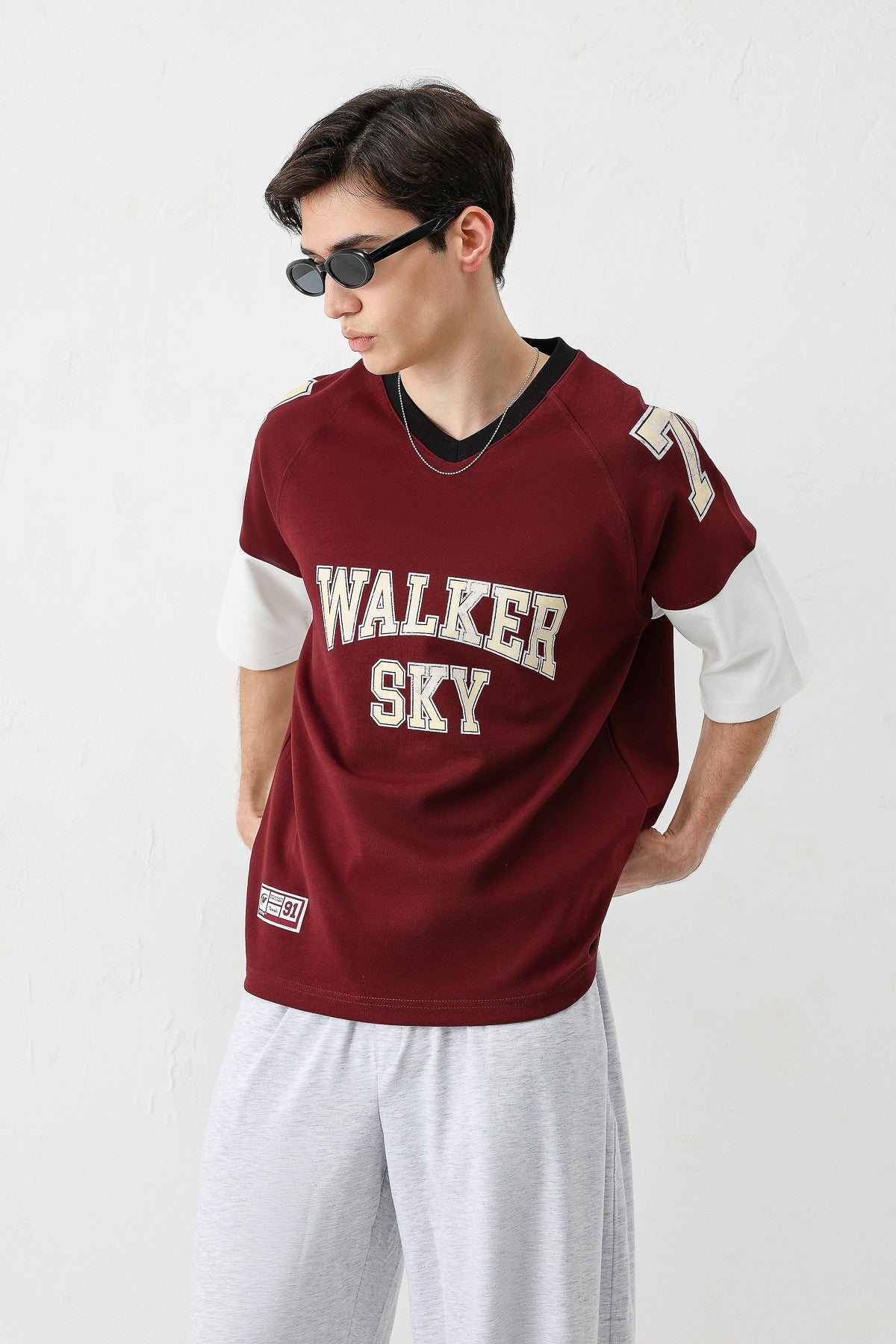 Oversized Ribbed V-Neck Printed T-Shirt