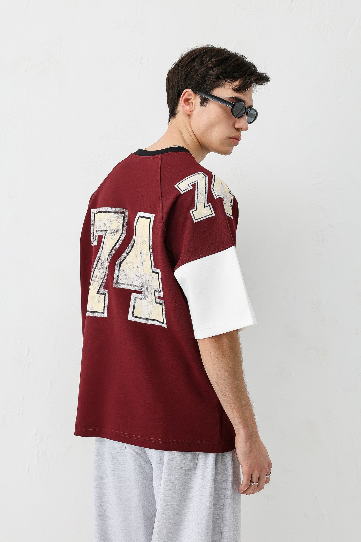 Oversized Ribbed V-Neck Printed T-Shirt