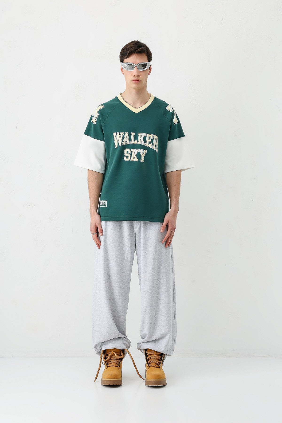 Oversized Ribbed V-Neck Printed T-Shirt