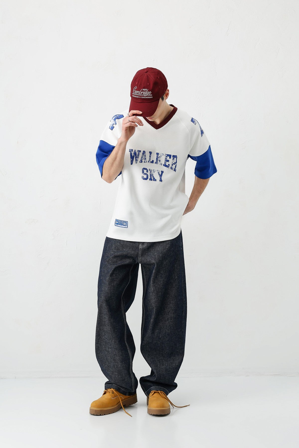 Oversized Ribbed V-Neck Printed T-Shirt