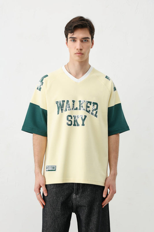 Oversized Ribbed V-Neck Printed T-Shirt